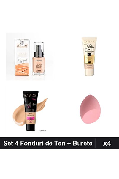 Eveline Set 4 Fonduri de Ten & TLM, Nuante 102-105, cu Burete Makeup