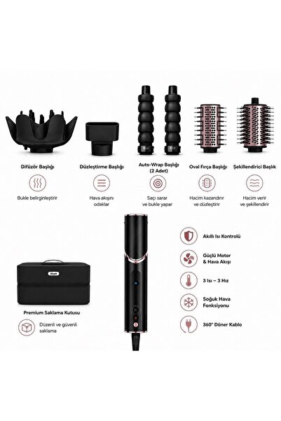 Shark FlexStyle 5-in-1 Siyah Çok Yönlü Fön Fırçası ve Kurutma Sistemi, 3 Isı ...
