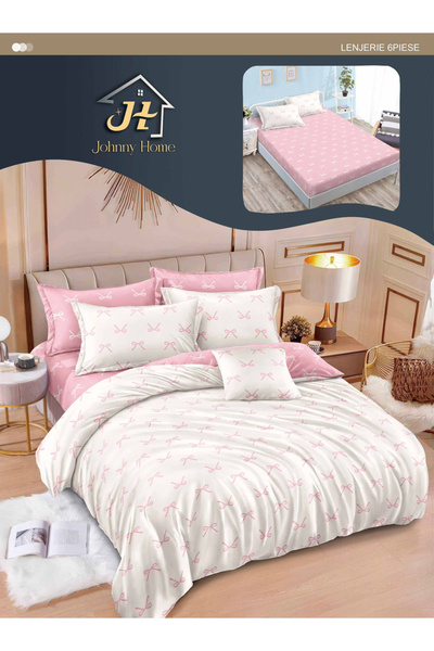Pucioasa Lenjerie de pat Finet 6 piese cu elastic, fundițe roz-T351