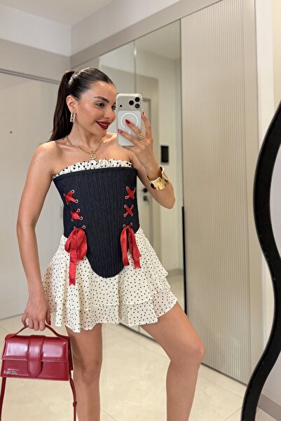 Gizem Ecemiş Nastya Denim Puantiyeli Balenli Korse Büstiyer