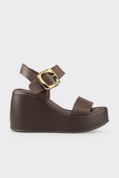 Elle Shoes Kahve Deri Kadın Dolgu Topuk Sandalet