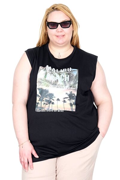 ModeXL Mode XL Real Big Size Women's Athlete Printed Malıbu Beach U26012 Black