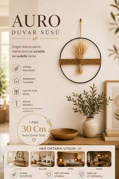 VENON Yuvarlak Siyah 30 Cm Auro Duvar Süsü Doğal Lifli Cm Duvar Dekorasyon Ürünü Otel Cafe Salon Halatlı Dekorasyon Duvar Dekoru Bohem Duvar Dekorasyon Metal Gövde