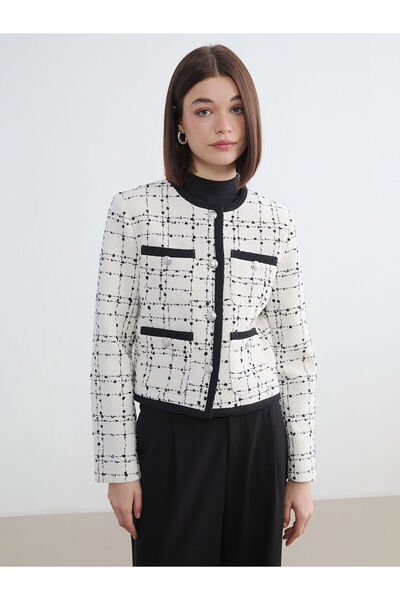 LC Waikiki Nevavm Oval Collar Plaid Women's Tweed Jacket with a Difference