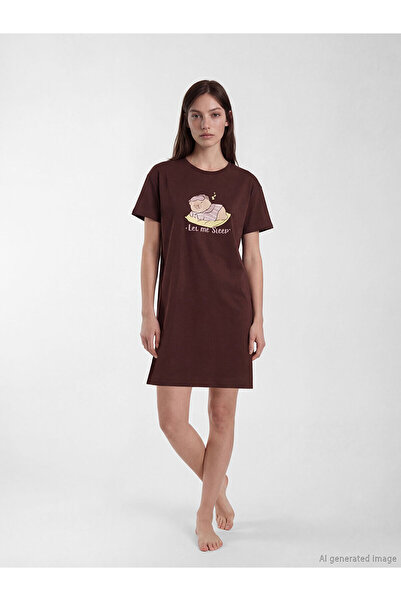 LC Waikiki Nevavm Women's Nightgown with Oval Collar and Printed Design