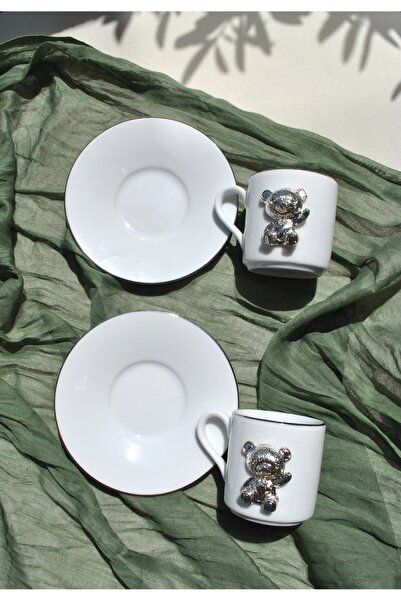 Qualitev 2-Piece Porcelain Coffee Cup with Teddy Bear Decoration, Silver Gild...