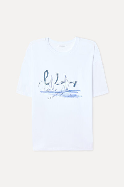 Mudo Erkek Beyaz Baskılı Oversize Bisiklet Yaka T-Shirt