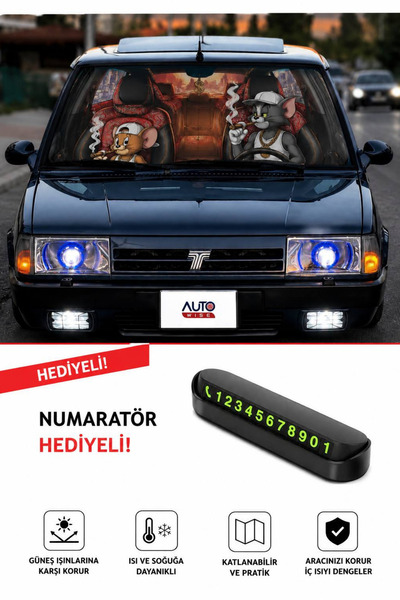 Autowise ستارة شمسية معدنية للزجاج الأمامي للسيارة بتصميم توم وجيري، ستارة شم...