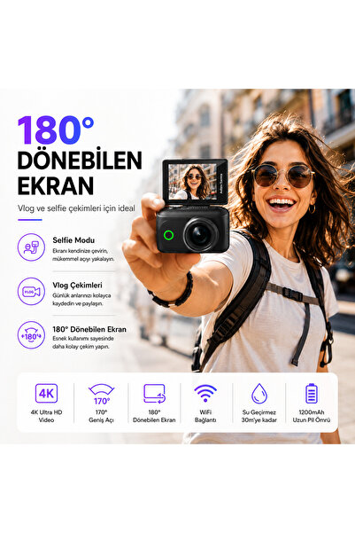 TARÇIN Viora 4K Aksiyon Kamerası Mini 180° Döner Ekran WiFi App Geniş Açı Taş...