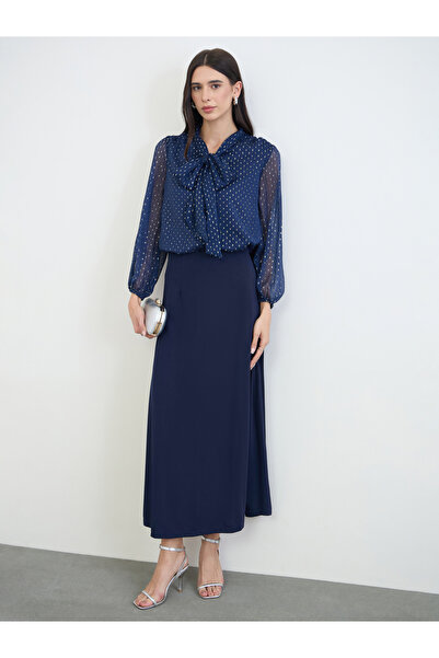 Styli Navy Blue A-Line Maxi Skirt with Back Slit