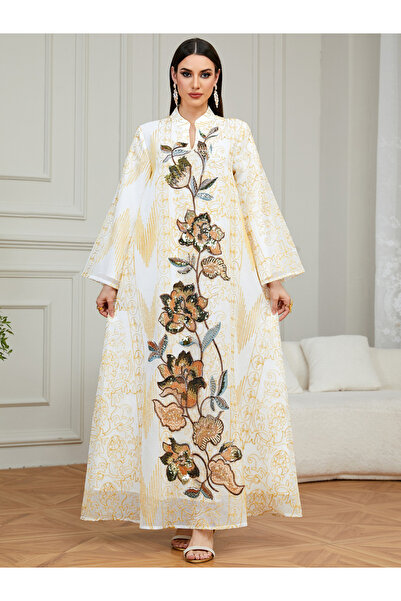 white and gold modest dress Modest Off-White Kaftan Dress with Premium Gold Embellishments – Maxim  Creation