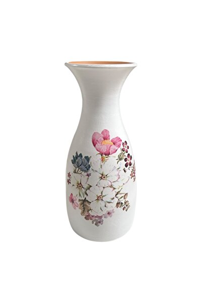 Ceramica Martinescu White ceramic vase, hand-decorated with a bouquet of flow...