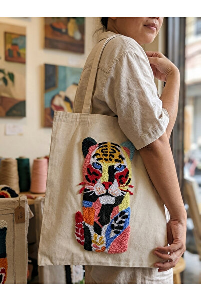 lavante butik kendini özel hisset Punch Embroidered Lion Model Linen Bag Clot...