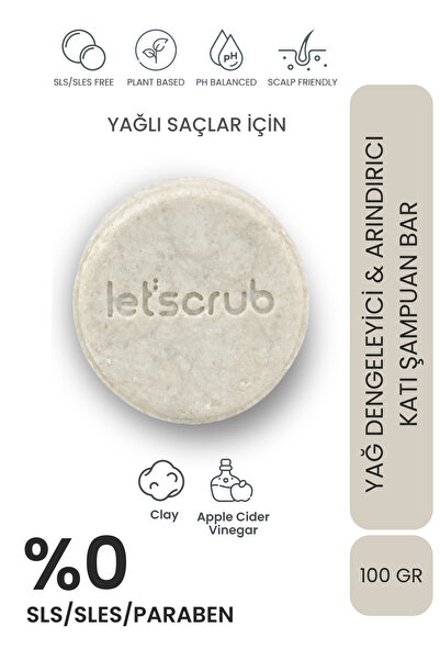 LET'SCRUB Yağlı Saçlar İçin Dengeleyici ve Arındırıcı Katı Şampuan Bar 100 gr...