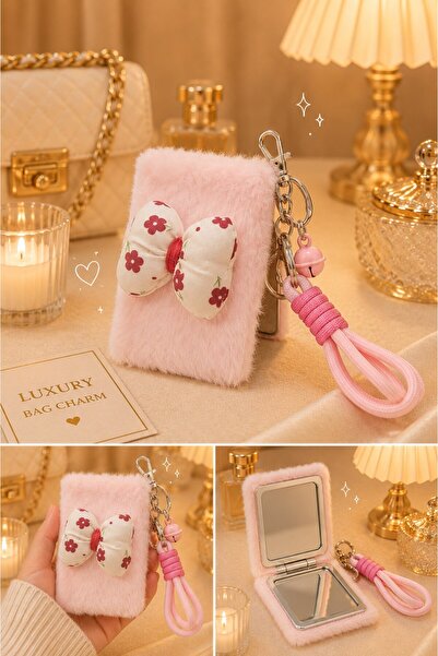 HediyeFilesi Peluş Papyon Detaylı Cep Aynası Anahtarlık – Kawaii Çanta Charmı...
