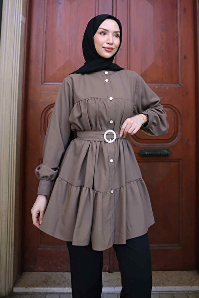 İmajButik Mink Layered Buttoned Belted Tunic