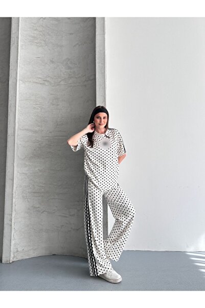 mylunessa Polka Dot Patterned Striped White Tracksuit Set