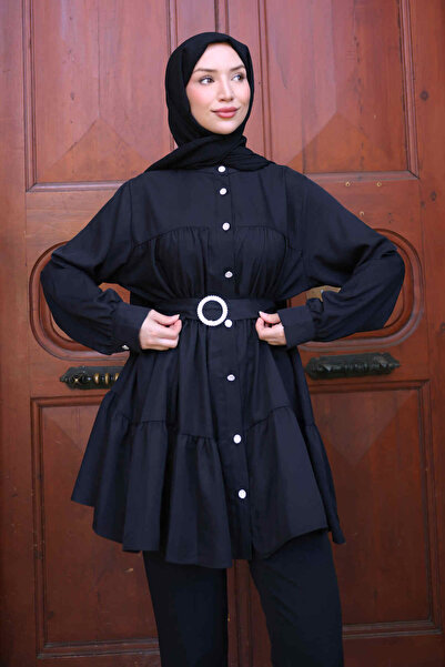 İmajButik Black Layered Buttoned Belted Tunic