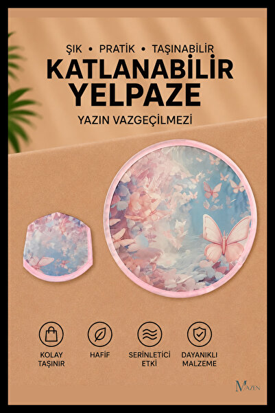 MAZEN Pembe Desen Katlanabilir Yuvarlak Yazlık Taşınabilir El Yelpazesi