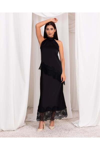 the desire wear تنورة ساتان سوداء مع دانتيل - ملابس سهرة أنيقة وضيقة للنساء
