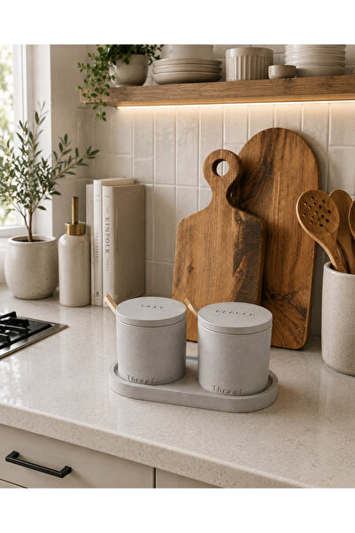 ThreeT İkili beton tuzluk-biberlik set tepsili gri