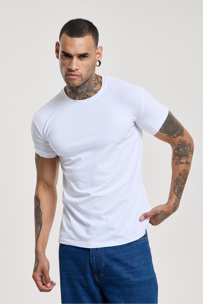 BigBrossBoutique Erkek Beyaz %100 Pamuk Slim Fit Dar Kesim Bisiklet Yaka Tişört