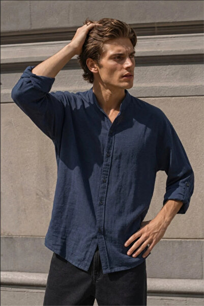 MADZEYMODA Men's Long Sleeve Muslin Shirt with Stand Collar, Comfortable Fit,...