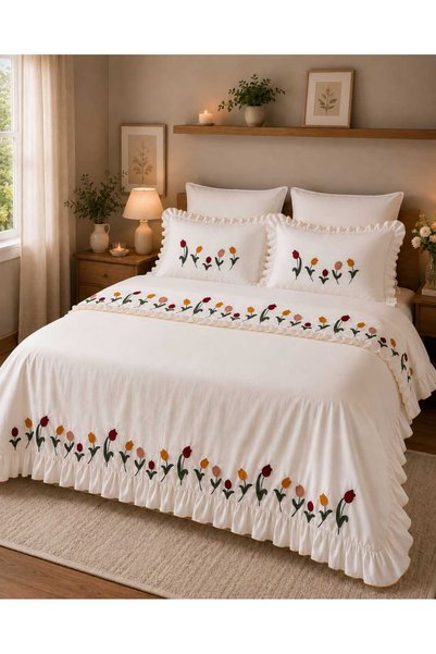 İK TEKSTİL Tulip Garden Colorful Tulip Embroidered Ruffled and 100% Cotton 6 Piece Double Luxury Duvet Cover Set