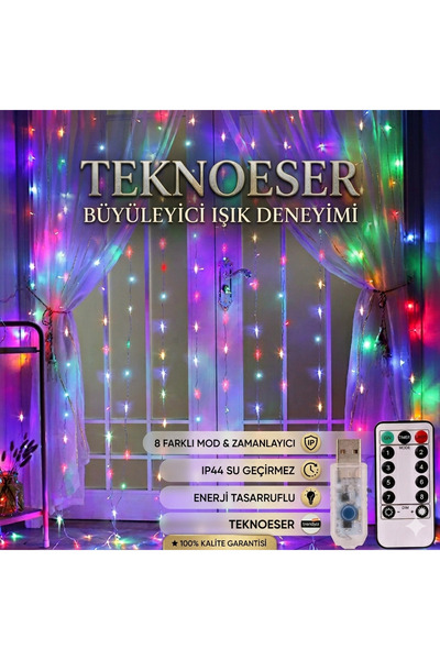 TeknoEser Rengarenk Fonksiyonlu Peri Led Perde Işık - 8 Modlu Kumandalı Zaman...