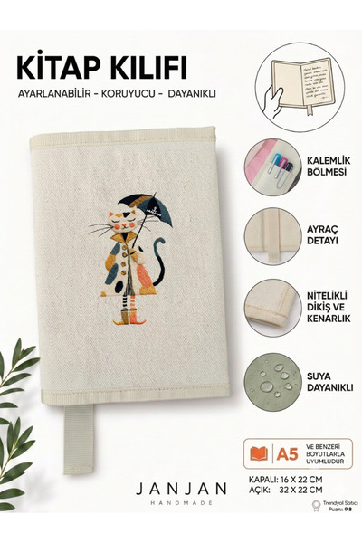 JANJAN NATURAL FABRIC omot za knjigu, perivi omot za knjigu, zaštitnik za knj...