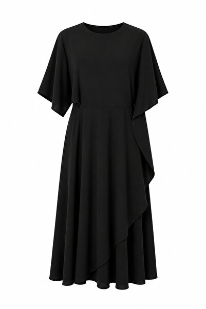HAZELANNA Asymmetrical Black Dress with Internal Buttons