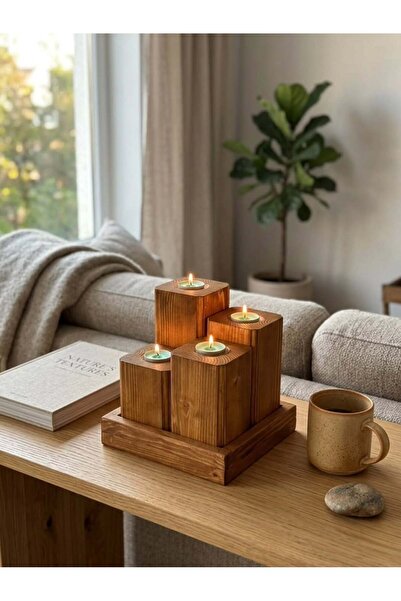 Doku Ahşap Ahşap 4’lü Blok Mumluk Seti Tealight Uyumlu Dekoratif Doğal Ahşap ...