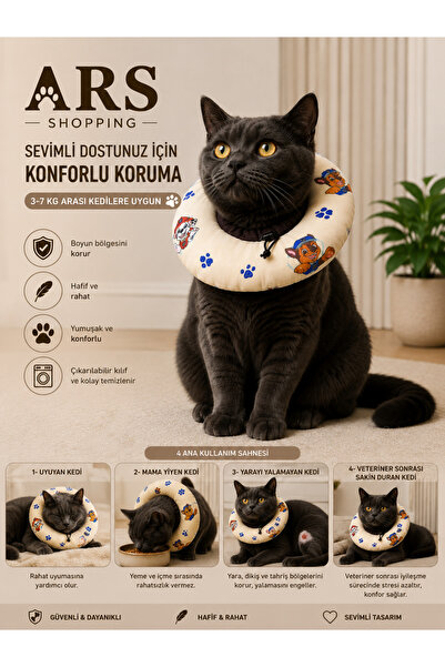 Ars Shopping Desenli Kedi Boyunluğu – Ameliyat Sonrası Yumuşak Koruyucu Yakal...