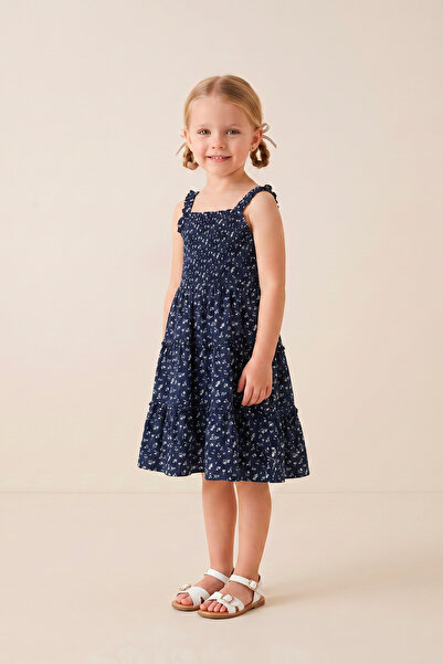 connemara Girl's Floral Patterned Strappy Layered Summer Dress Navy Blue