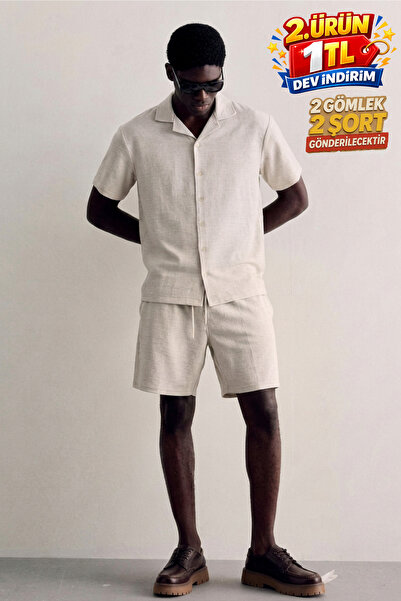 DAMGA JEANS Men's Summer Linen Shirt Elastic Waist Shorts Cream Two-Piece Set