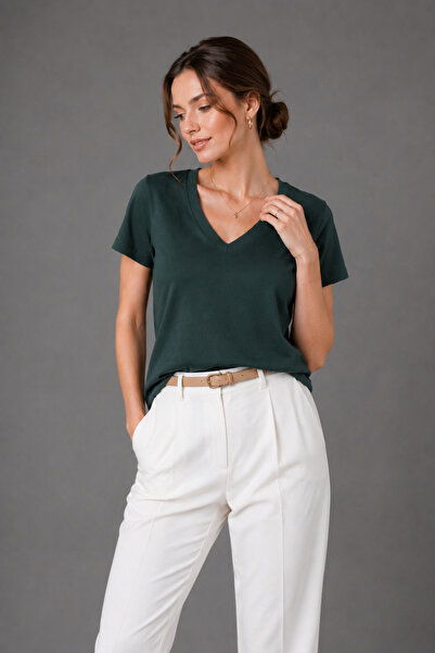 WILD BEE Women's Dark Green Interlock V-Neck Short Sleeve Basic Cotton T-Shirt