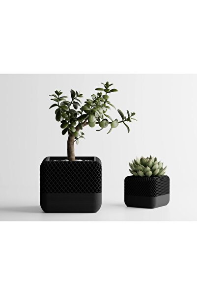 Tasarım Homepod Square Dekoratif Saksı - Siyah İşlemeli Modern Bitki Saksısı ...