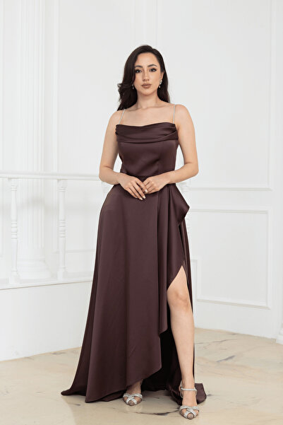 BEYBOS Asymmetrical Neckline Cut Satin Evening Dress - Brown