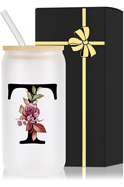 NASAQ Monogrammed Glass Drinking Cup With Lid Straw,letter t