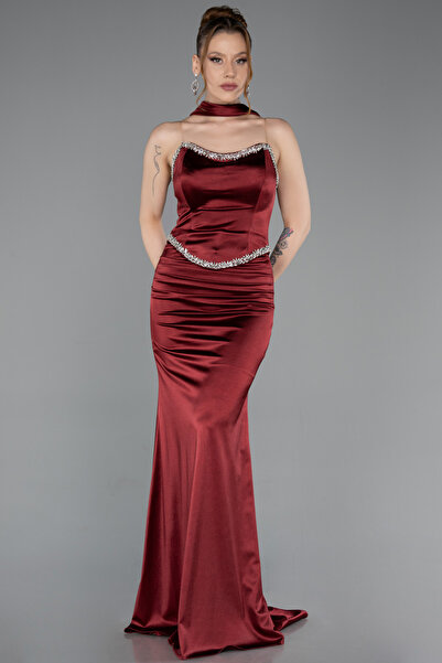 Abiyefon Bordo Taşlı Straplez Peplum Uzun Saten Mezuniyet Elbise ABU6079