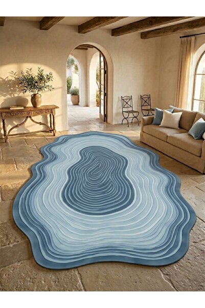 Rugs Modern Halı SDT Doğal Ağaç Kesiti Desenli Mavi Tonlu Dokuma Taban Dekora...