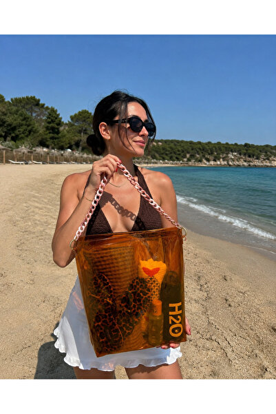 Fulian Amber Glow - Transparent Plastic Large Beach Bag with Chain Strap - Tr...