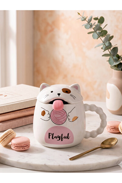 Bam Cute Cat Ceramic Mug with Lid and Spoon
