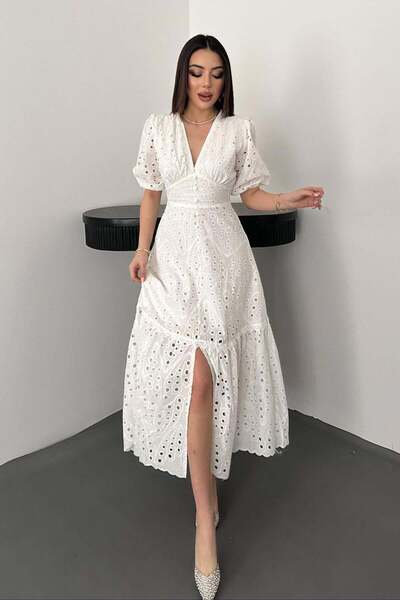 Maxi modena White Gathered Detailed Lace Brode Dress