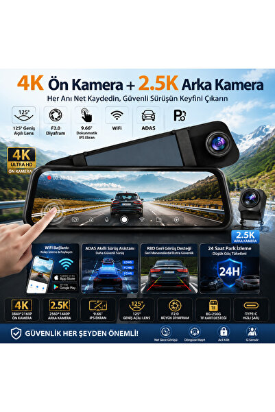 Pasens F3 Araba Dvr Kamerası | 9.66 Inç IPS Dokunmatik Ekran, Ön 4K Arka 2.5k Çift Kamera, Wıfı & Adas