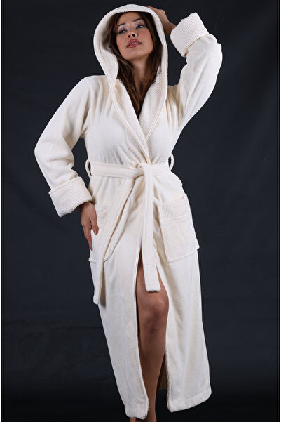 Nuşa Hooded Collar Square Jacquard Bamboo Cotton Soft Absorbent Luxury Bathrobe