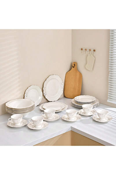 Malooki Lifetree 30-piece porcelain dinner set, white with gold branches, 6 p...