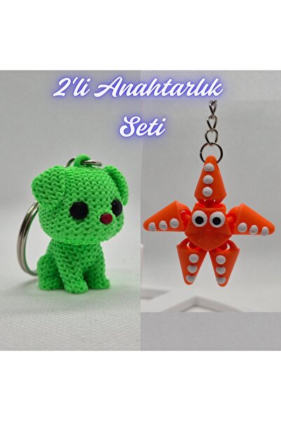 3DAtölyeMaker Light Green Knitted Patterned Dog and Orange Moving Starfish Ke...