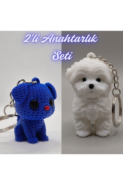 3DAtölyeMaker Blue Knitted Patterned Dog and White Maltese Terrier Keychain