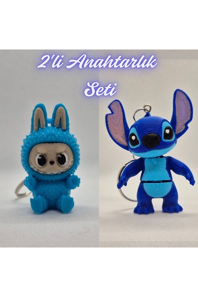 3DAtölyeMaker Light Blue Labubu and Blue Flexible Stitch Keychain